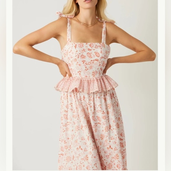 Bila 77 Via Marisol Peach Floral Print 100% Cotton Ruffle Detail Midi Dress Sz L - Picture 5 of 14